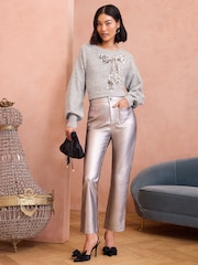 Love & Roses Christmas Bow Sequin Grey Cosy Crew Neck Jumper - Image 3 of 4