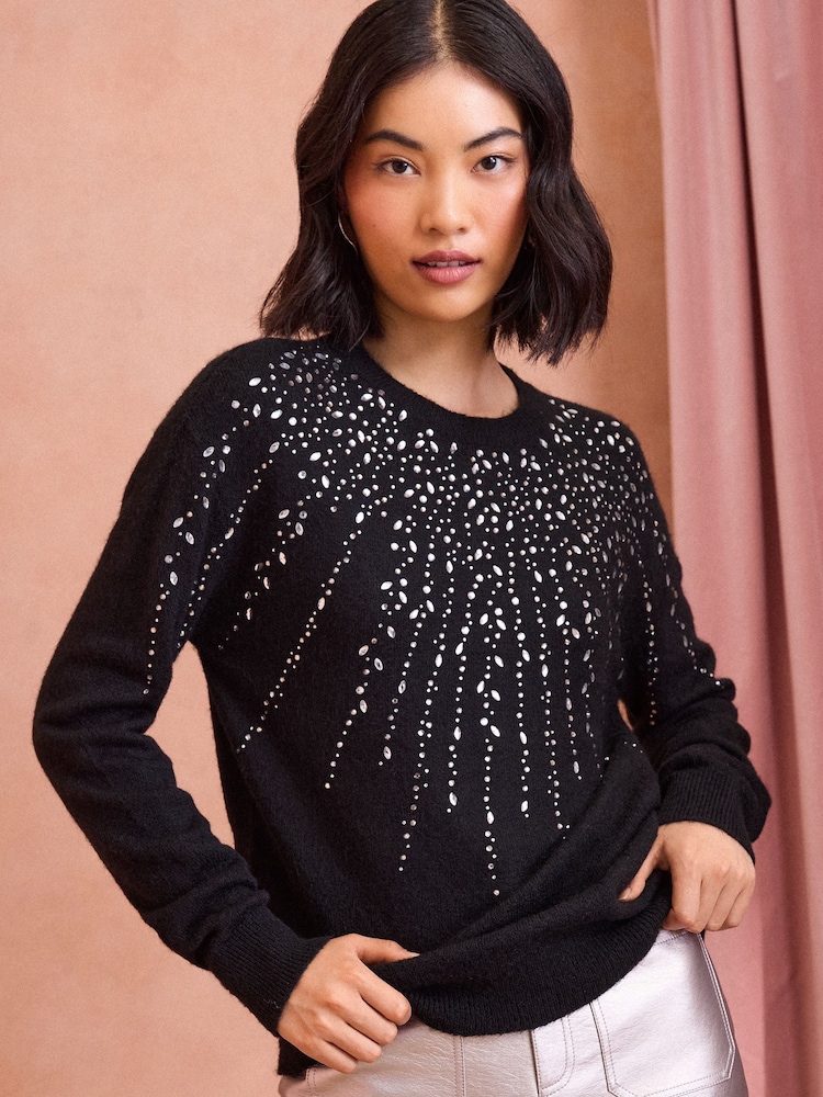 Love & Roses Black Sequin Cosy Crew Neck Jumper - Image 1 of 4