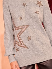 Love & Roses Christmas Grey Sequin Star Cosy Crew Neck Longline Jumper - Image 2 of 4