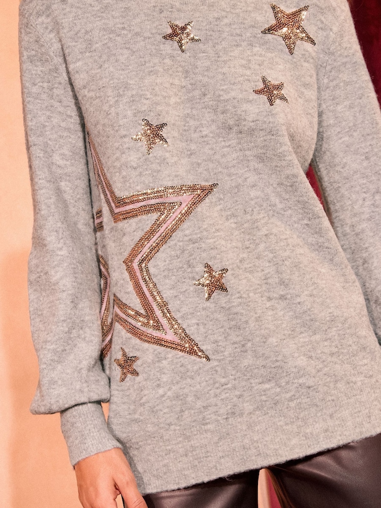 Love & Roses Christmas Grey Sequin Star Cosy Crew Neck Longline Jumper - Image 2 of 4