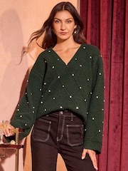 Love & Roses Green V Neck Diamante Jumper - Image 1 of 4