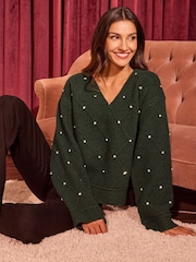 Love & Roses Green V Neck Diamante Jumper - Image 3 of 4