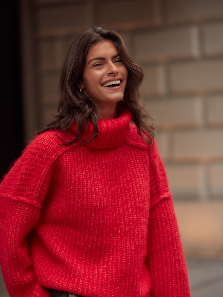 Red Chunky Rib High Roll Neck Knitted Jumper with Alpaca - Image 1 of 1