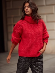 Red Chunky Rib High Roll Neck Knitted Jumper with Alpaca - Image 2 of 10