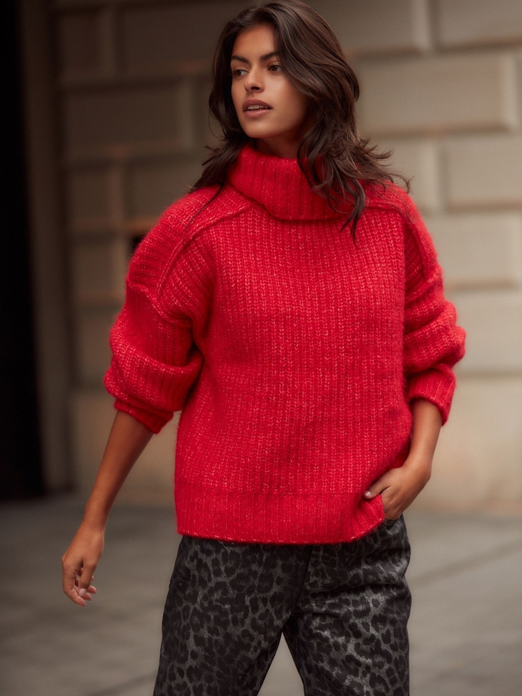 Red Chunky Rib High Roll Neck Knitted Jumper with Alpaca - Image 2 of 10