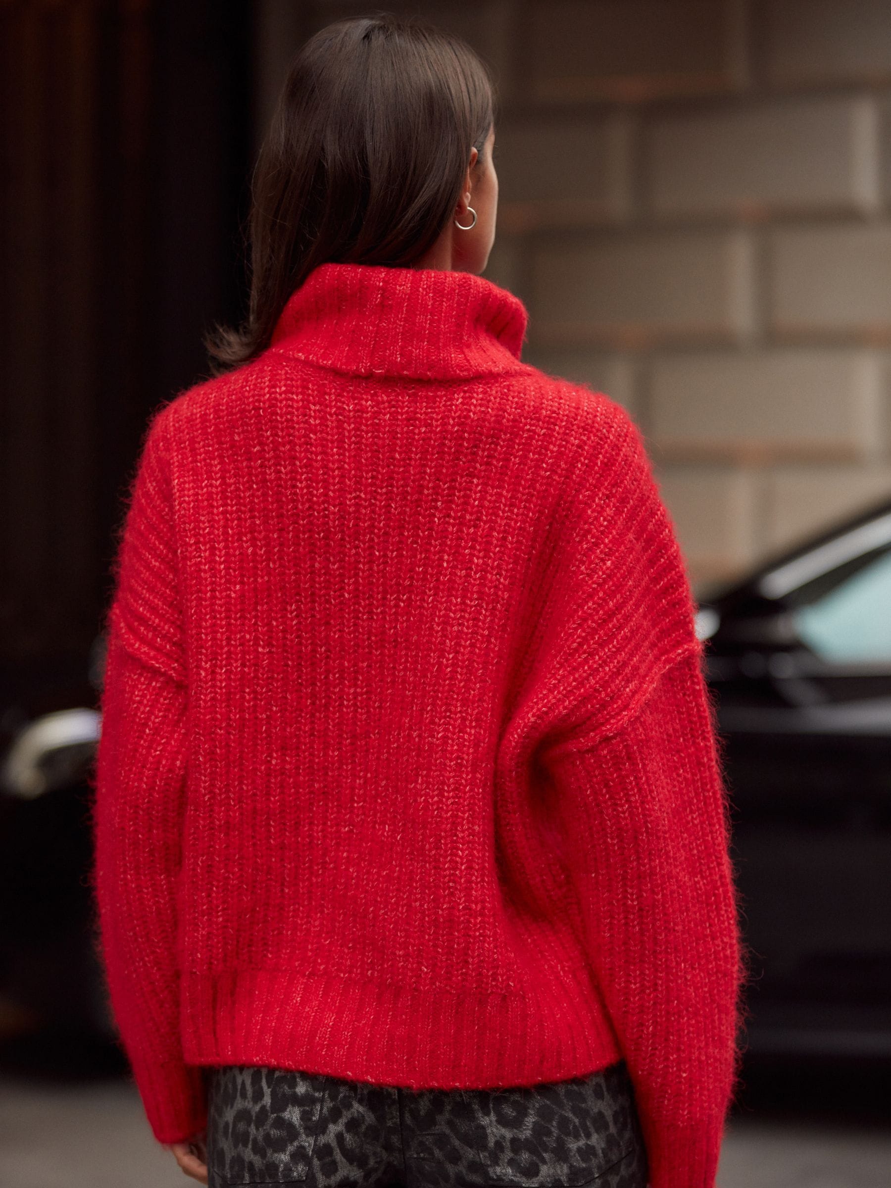 Buy Red Chunky Rib High Roll Neck Knitted Jumper with Alpaca