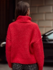Red Chunky Rib High Roll Neck Knitted Jumper with Alpaca - Image 3 of 10