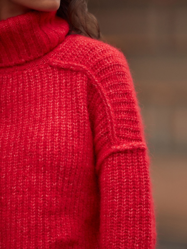 Red Chunky Rib High Roll Neck Knitted Jumper with Alpaca - Image 4 of 10