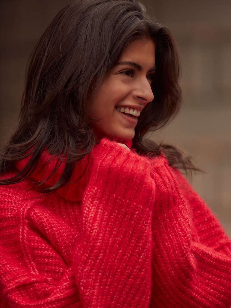 Red Chunky Rib High Roll Neck Knitted Jumper with Alpaca - Image 5 of 10