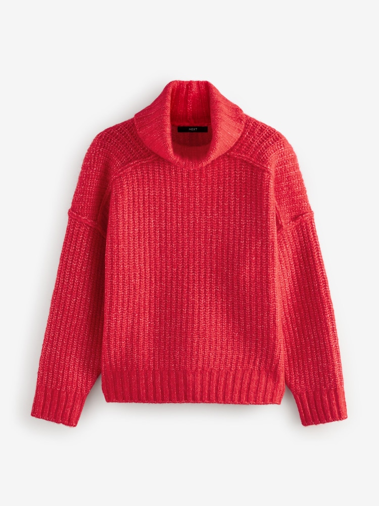 Red Chunky Rib High Roll Neck Knitted Jumper with Alpaca - Image 6 of 10