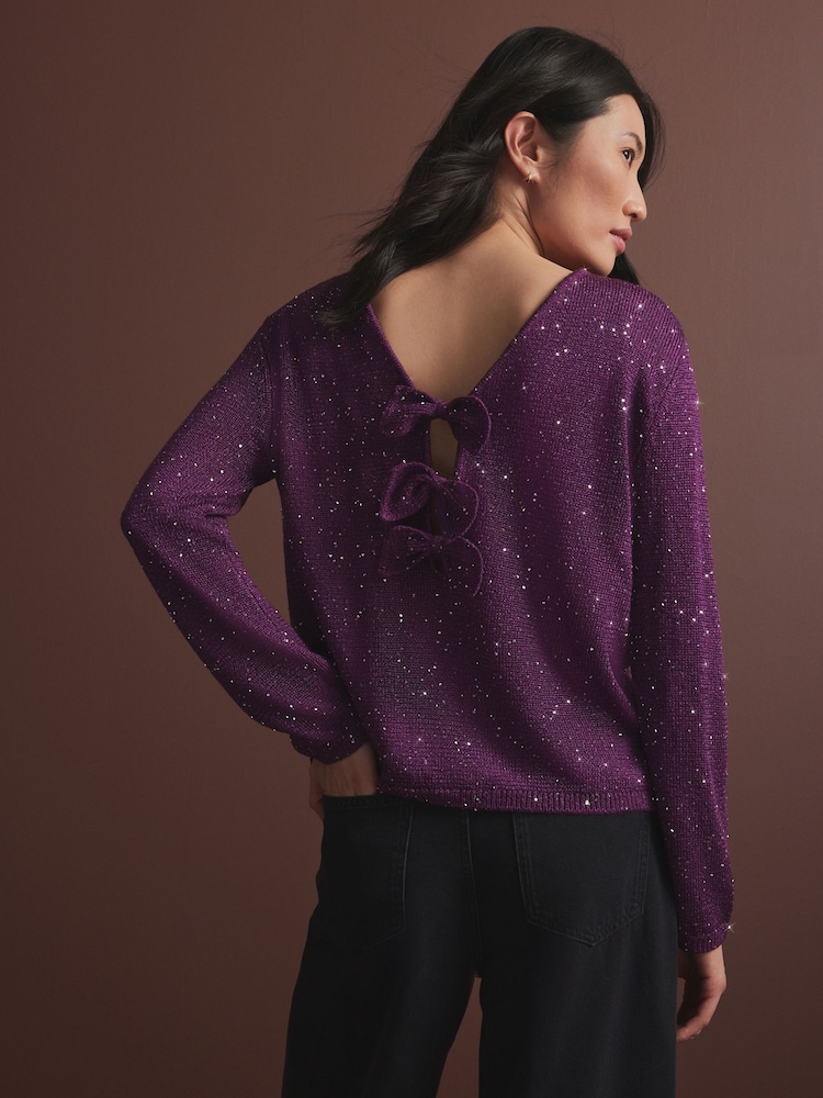 Red Burgundy Berry Sequin Embellished Sparkle Bow Back Knitted Jumper - Image 1 of 7