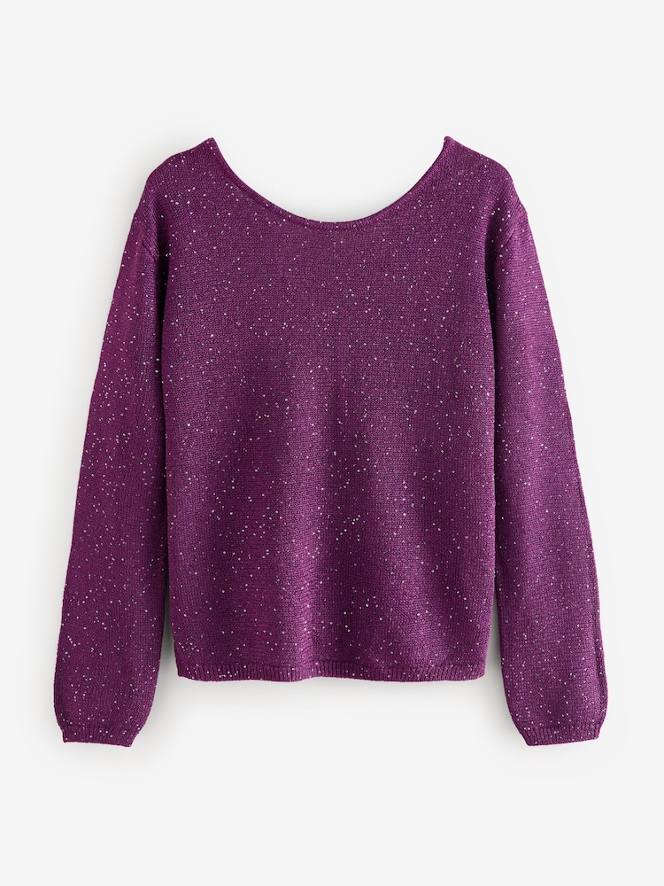 Red Burgundy Berry Sequin Embellished Sparkle Bow Back Knitted Jumper - Image 5 of 7