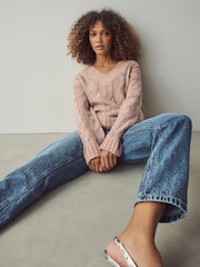 Pink Blush Embellished Sparkle V-Neck Cable Knitted Jumper With Wool - Image 1 of 7