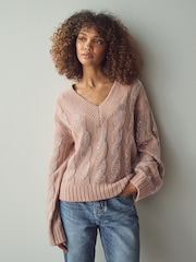 Pink Blush Embellished Sparkle V-Neck Cable Knitted Jumper With Wool - Image 2 of 7