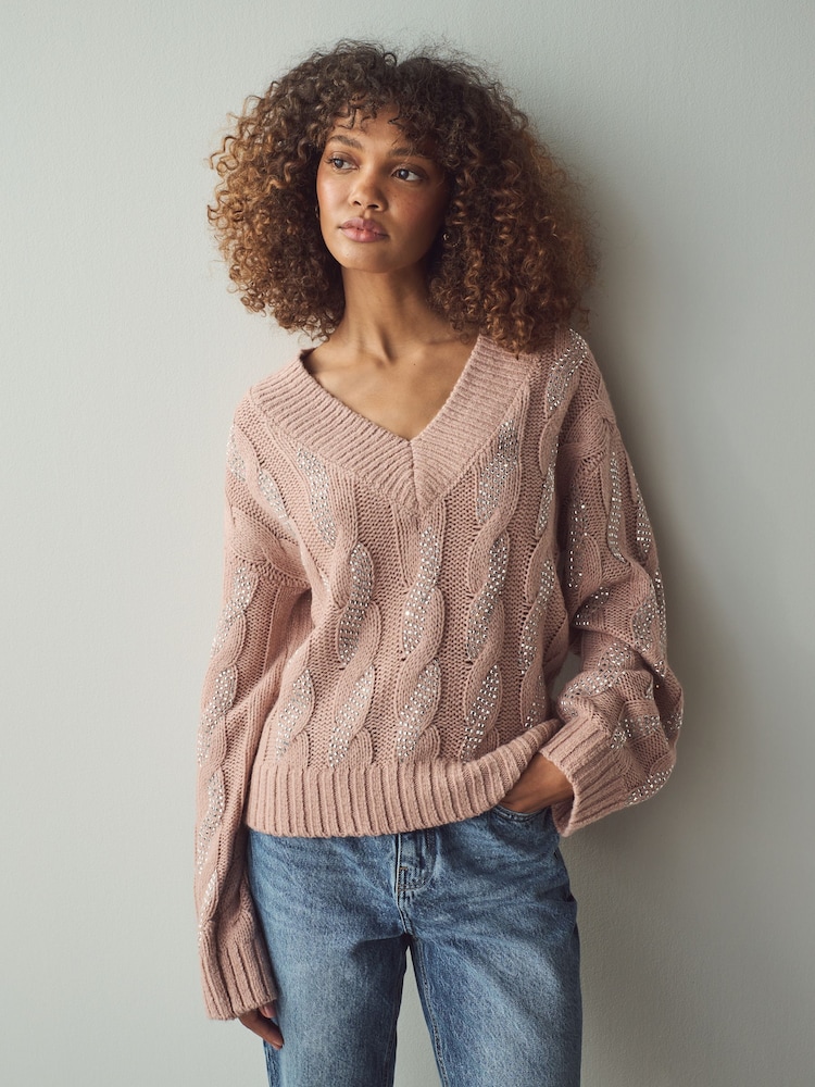 Pink Blush Embellished Sparkle V-Neck Cable Knitted Jumper With Wool - Image 2 of 7