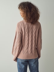 Pink Blush Embellished Sparkle V-Neck Cable Knitted Jumper With Wool - Image 3 of 7