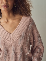 Pink Blush Embellished Sparkle V-Neck Cable Knitted Jumper With Wool - Image 4 of 7