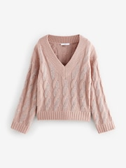 Pink Blush Embellished Sparkle V-Neck Cable Knitted Jumper With Wool - Image 5 of 7
