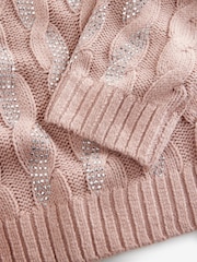 Pink Blush Embellished Sparkle V-Neck Cable Knitted Jumper With Wool - Image 6 of 7