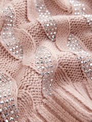 Pink Blush Embellished Sparkle V-Neck Cable Knitted Jumper With Wool - Image 7 of 7