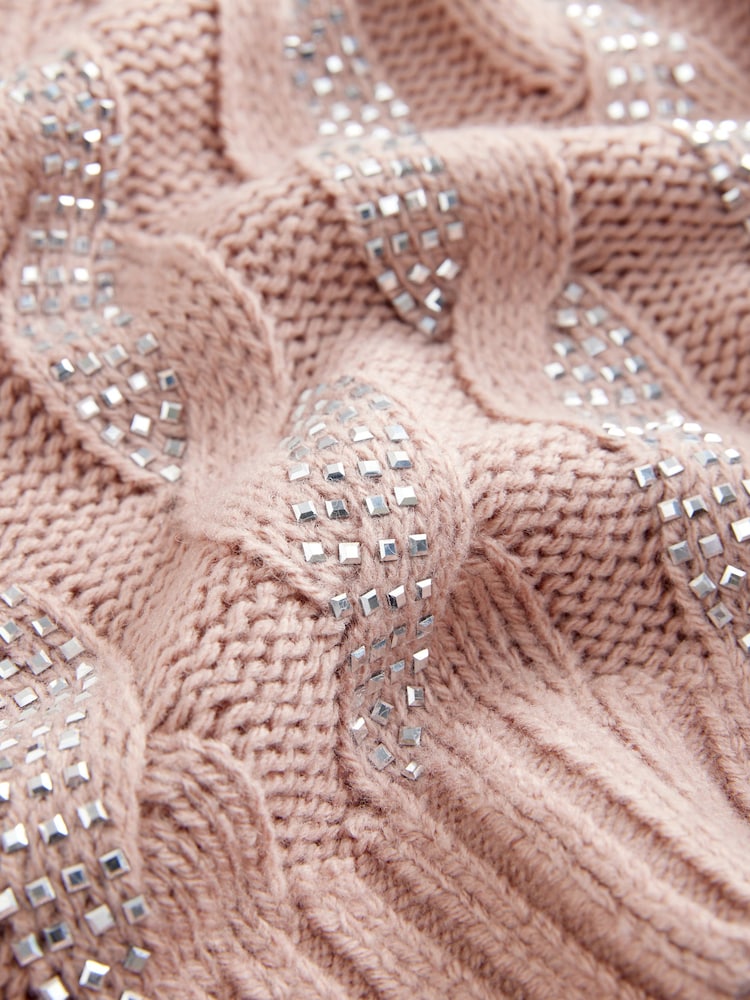 Pink Blush Embellished Sparkle V-Neck Cable Knitted Jumper With Wool - Image 7 of 7