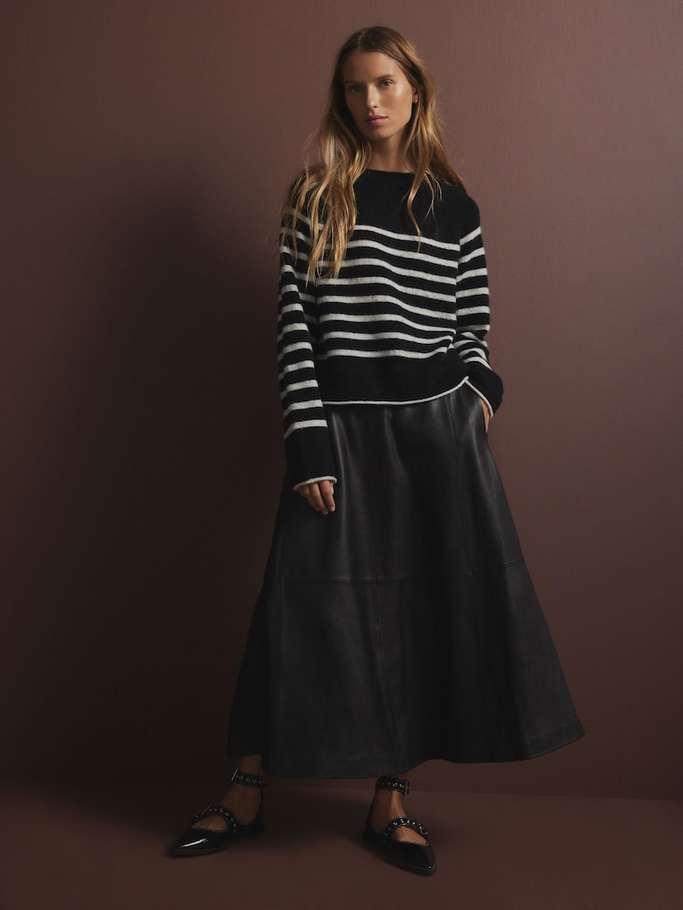 Black White Stripe Soft Touch Crew Neck Knitted Jumper with Alpaca - Image 2 of 8