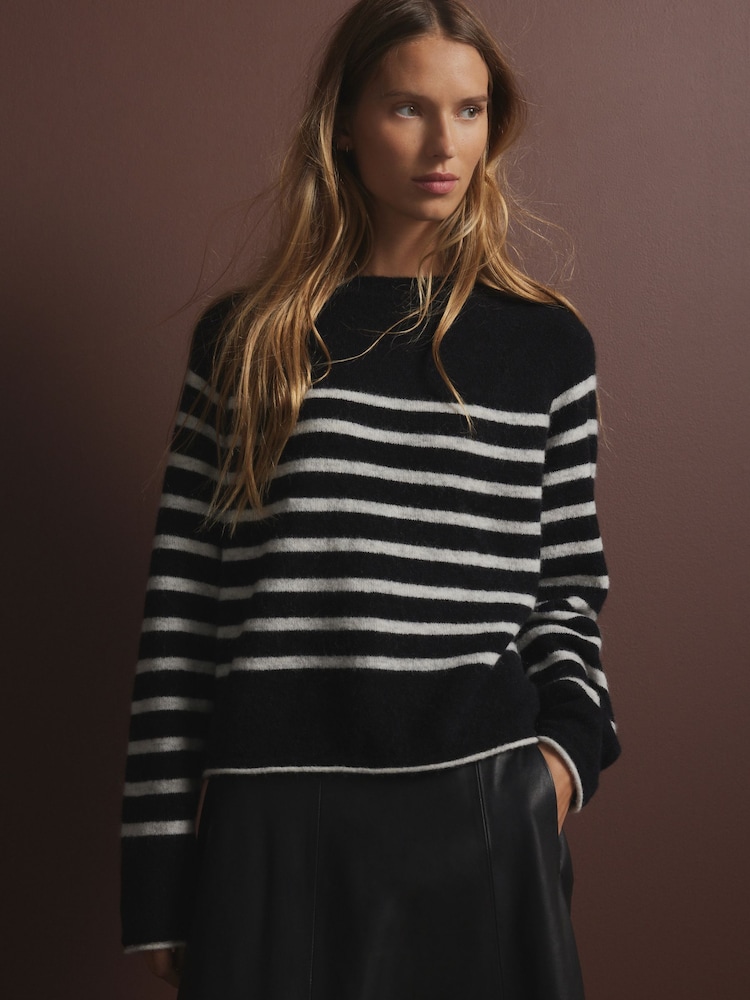 Black White Stripe Soft Touch Crew Neck Knitted Jumper with Alpaca - Image 3 of 8