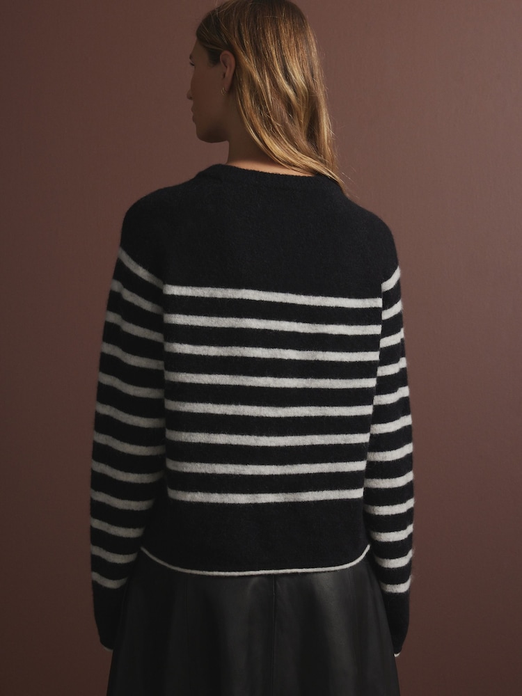 Black White Stripe Soft Touch Crew Neck Knitted Jumper with Alpaca - Image 4 of 8