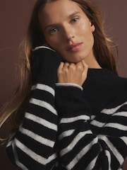 Black White Stripe Soft Touch Crew Neck Knitted Jumper with Alpaca - Image 5 of 8
