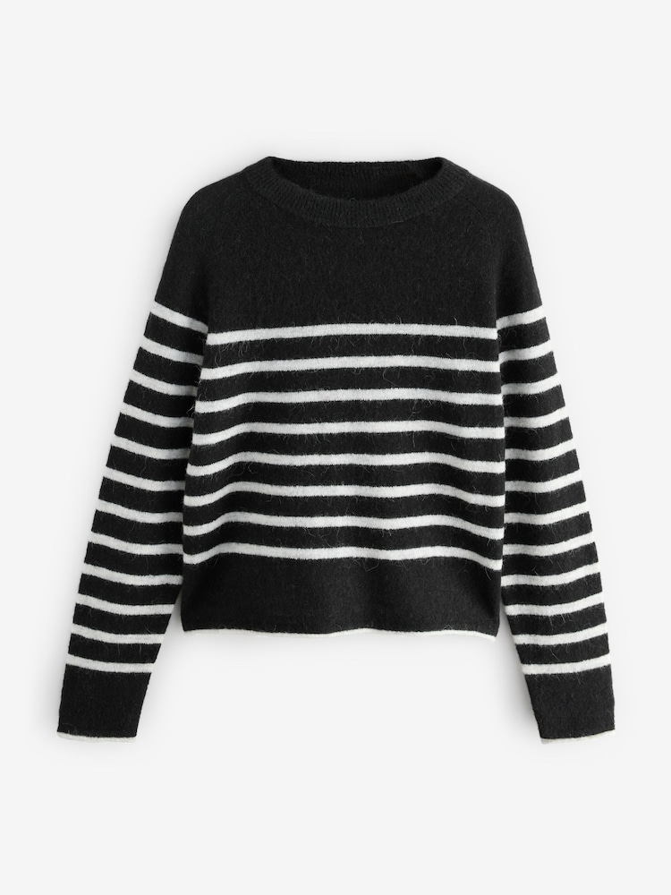 Black White Stripe Soft Touch Crew Neck Knitted Jumper with Alpaca - Image 6 of 8