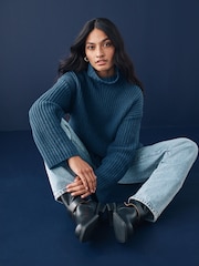 Blue Indigo Roll High Neck Ribbed Longline Knitted Jumper with Wool - Image 1 of 8