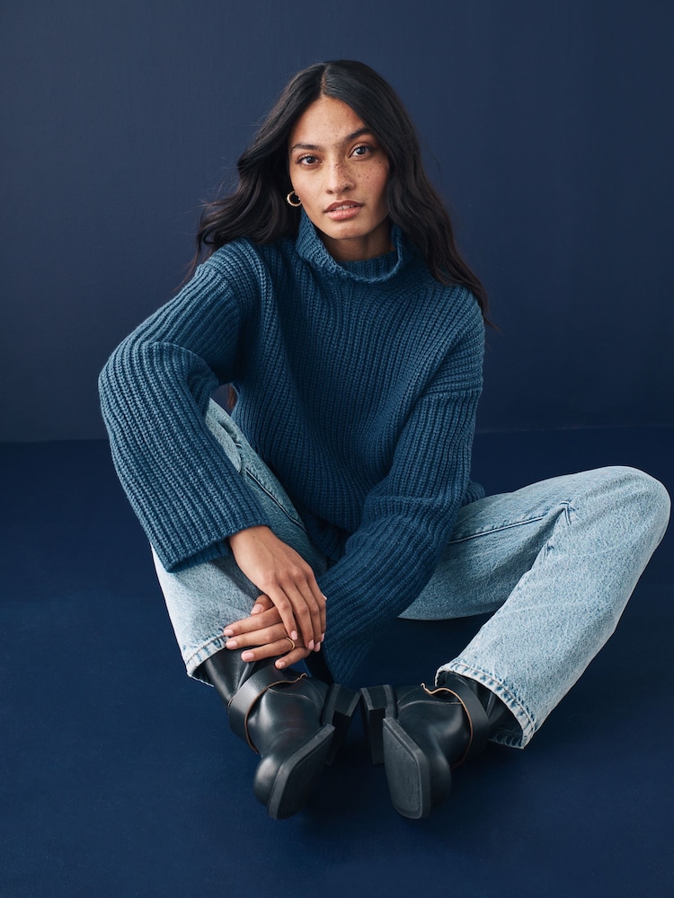 Blue Indigo Roll High Neck Ribbed Longline Knitted Jumper with Wool - Image 1 of 8