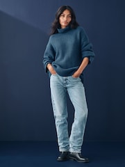 Blue Indigo Roll High Neck Ribbed Longline Knitted Jumper with Wool - Image 2 of 8
