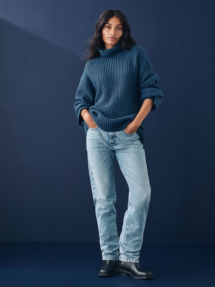 Blue Indigo Roll High Neck Ribbed Longline Knitted Jumper with Wool - Image 2 of 8
