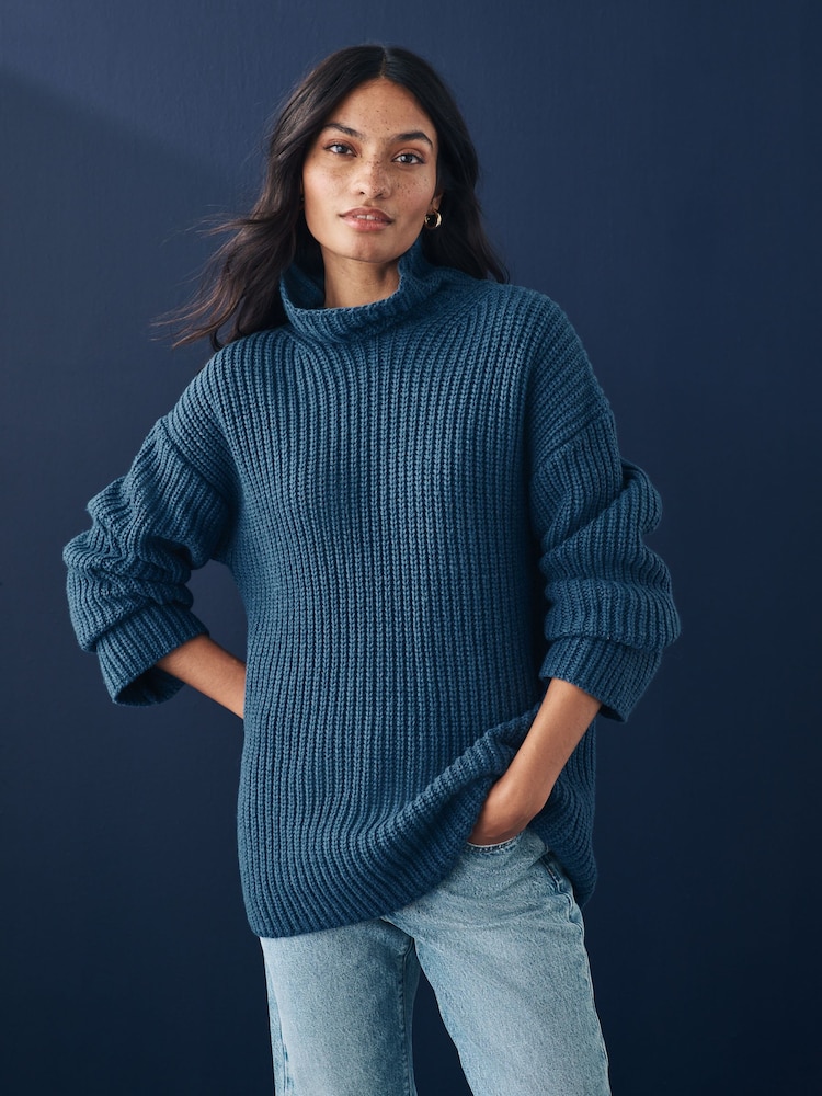 Blue Indigo Roll High Neck Ribbed Longline Knitted Jumper with Wool - Image 3 of 8