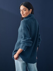 Blue Indigo Roll High Neck Ribbed Longline Knitted Jumper with Wool - Image 4 of 8