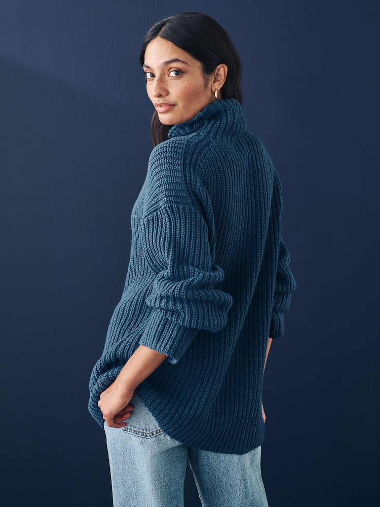 Blue Indigo Roll High Neck Ribbed Longline Knitted Jumper with Wool - Image 4 of 8