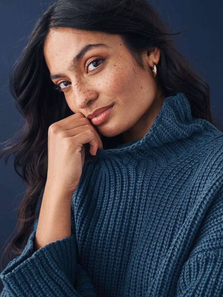 Blue Indigo Roll High Neck Ribbed Longline Knitted Jumper with Wool - Image 5 of 8
