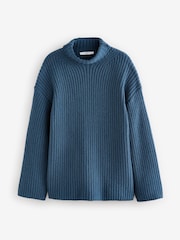 Blue Indigo Roll High Neck Ribbed Longline Knitted Jumper with Wool - Image 6 of 8