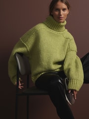 Green Khaki Olive Chunky Rib High Roll Neck Knitted Jumper with Alpaca - Image 1 of 9