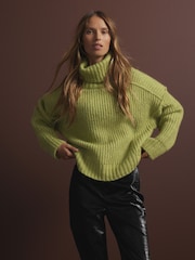 Green Khaki Olive Chunky Rib High Roll Neck Knitted Jumper with Alpaca - Image 2 of 9