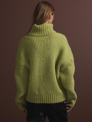 Green Khaki Olive Chunky Rib High Roll Neck Knitted Jumper with Alpaca - Image 3 of 9