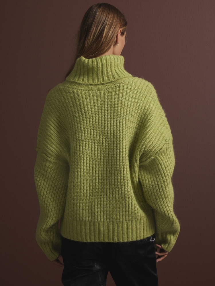 Green Khaki Olive Chunky Rib High Roll Neck Knitted Jumper with Alpaca - Image 3 of 9