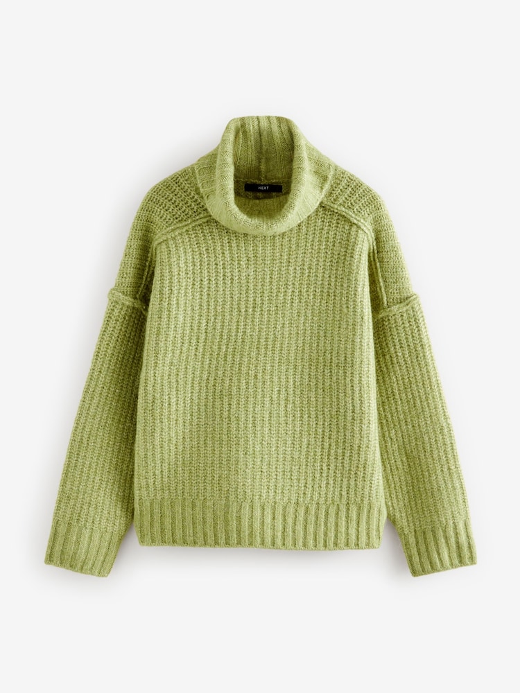 Green Khaki Olive Chunky Rib High Roll Neck Knitted Jumper with Alpaca - Image 5 of 9