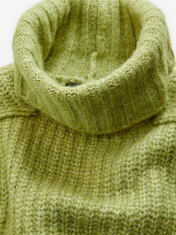 Green Khaki Olive Chunky Rib High Roll Neck Knitted Jumper with Alpaca - Image 6 of 9