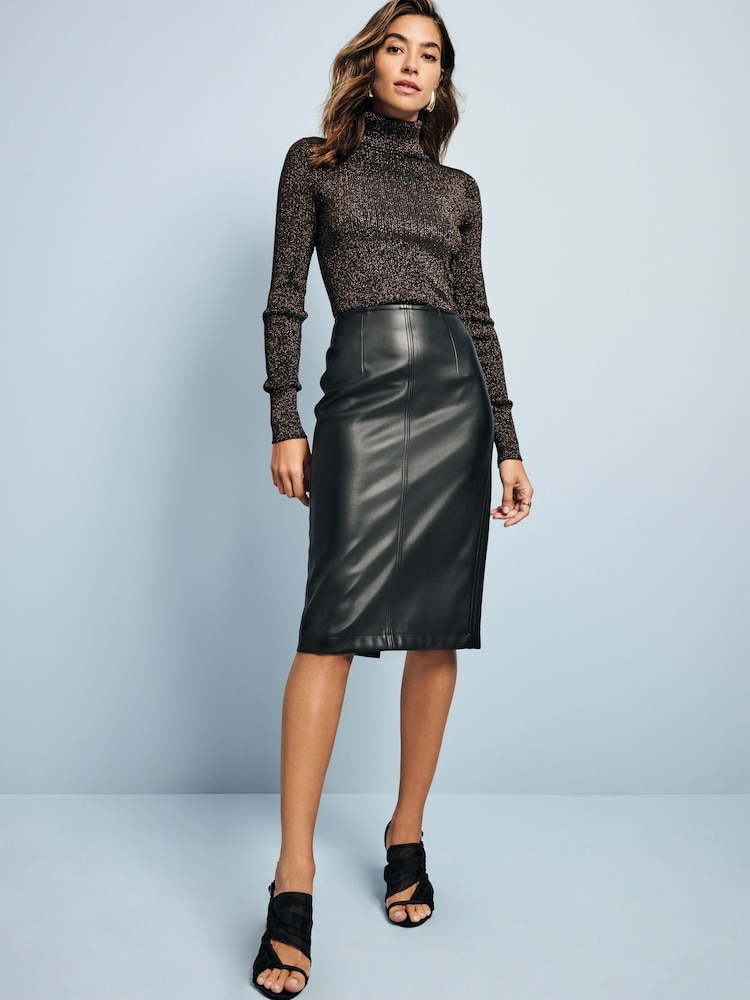 Brown Chocolate Sparkle High Roll Neck Rib Knitted Jumper with Wool - Image 2 of 9