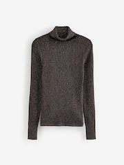 Brown Chocolate Sparkle High Roll Neck Rib Knitted Jumper with Wool - Image 6 of 9