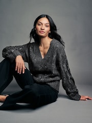 Grey Charcoal Embellished Sparkle V-Neck Cable Knitted Jumper With Wool - Image 1 of 8