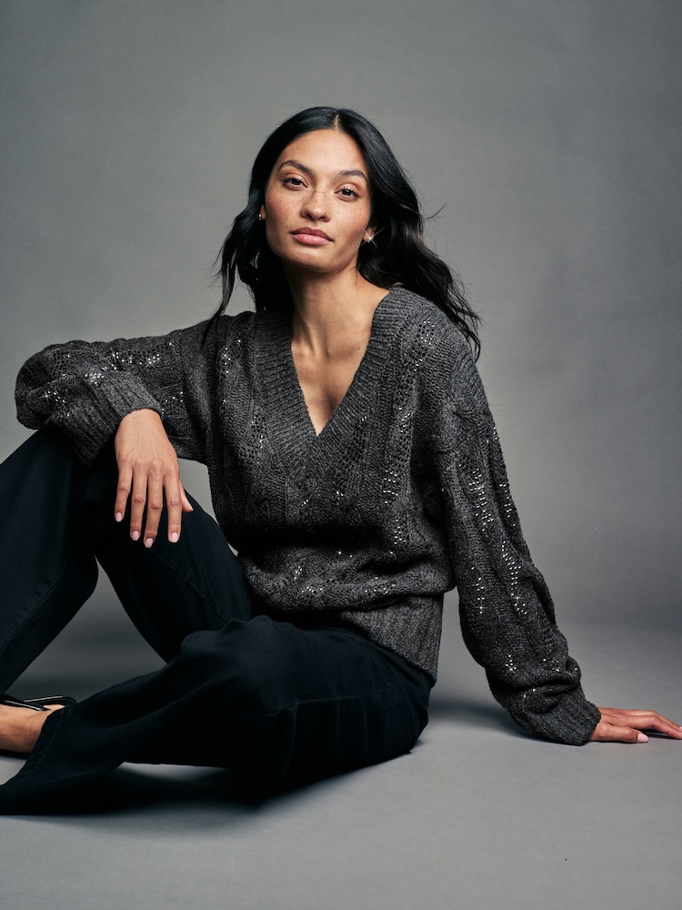 Grey Charcoal Embellished Sparkle V-Neck Cable Knitted Jumper With Wool - Image 1 of 8