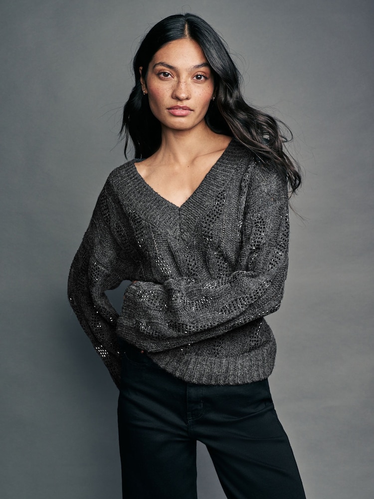 Grey Charcoal Embellished Sparkle V-Neck Cable Knitted Jumper With Wool - Image 2 of 8